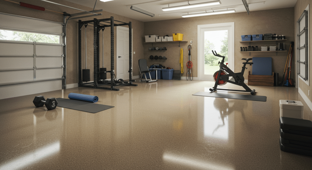 Modern garage with sleek car and high-gloss grey flake epoxy floor, perfectly clean and well-lit.