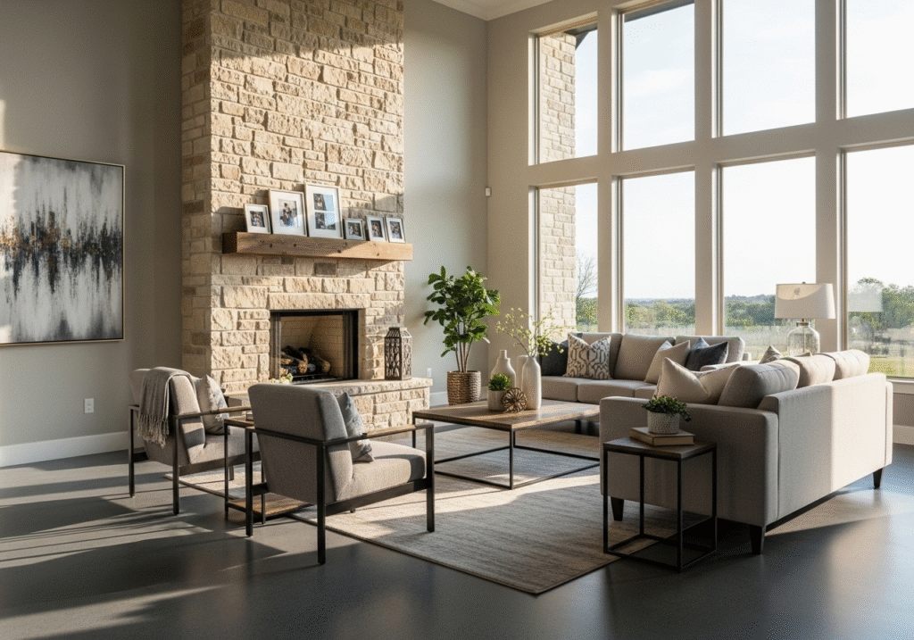 Round Rock living room with solid gray residential epoxy flooring Round Rock TX installation featuring stone fireplace and modern decor