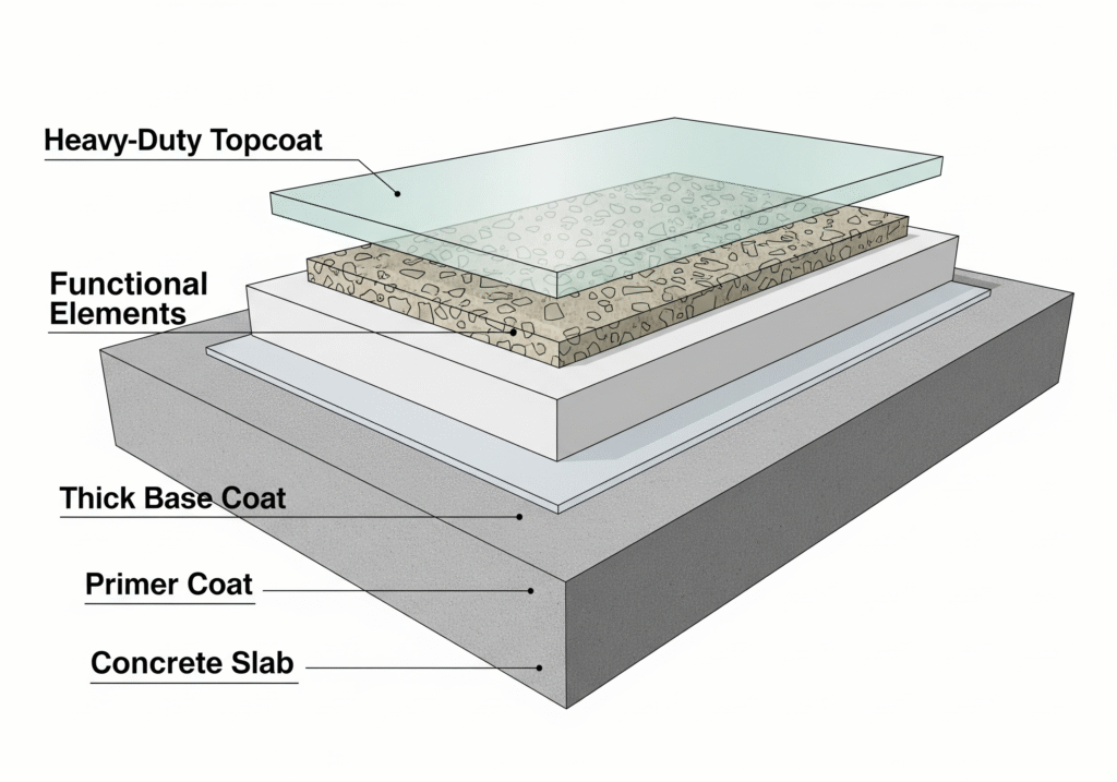 Cross-section diagram showing epoxy flooring Dallas commercial system layers with primer, base coat, and heavy-duty topcoat