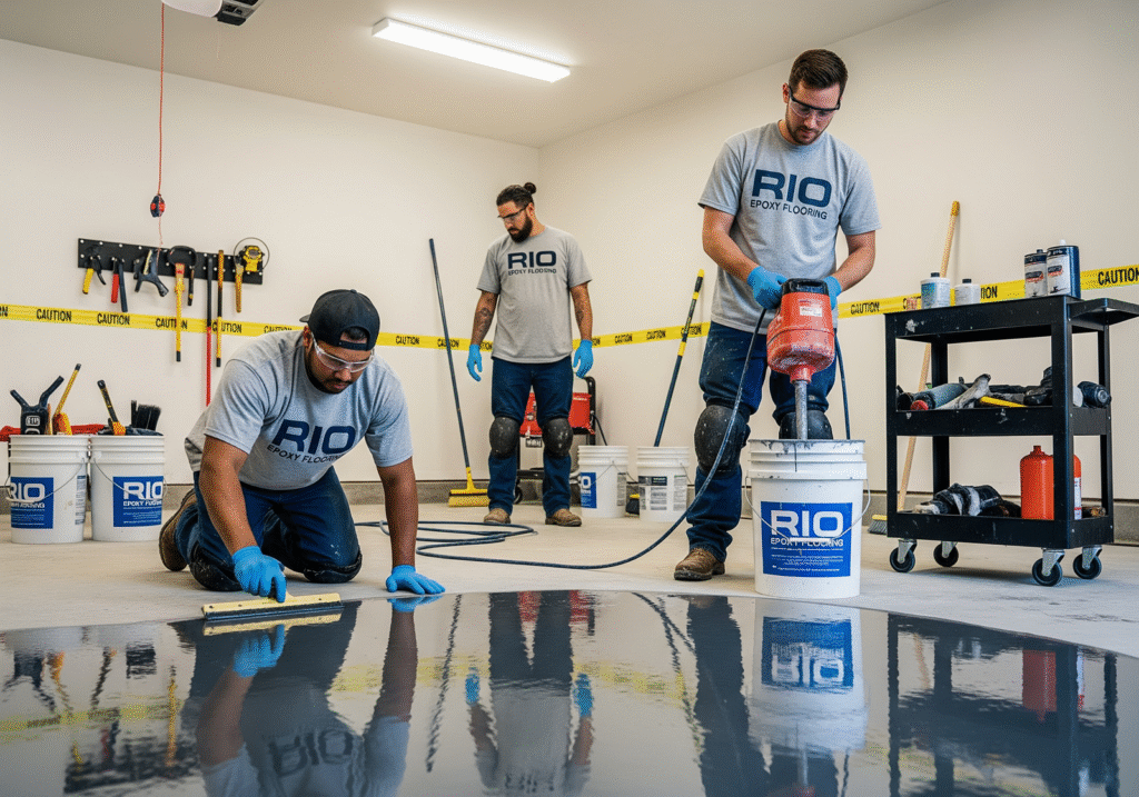 Rio Epoxy Flooring professional team installing garage epoxy flooring Dallas TX with specialized equipment and safety gear